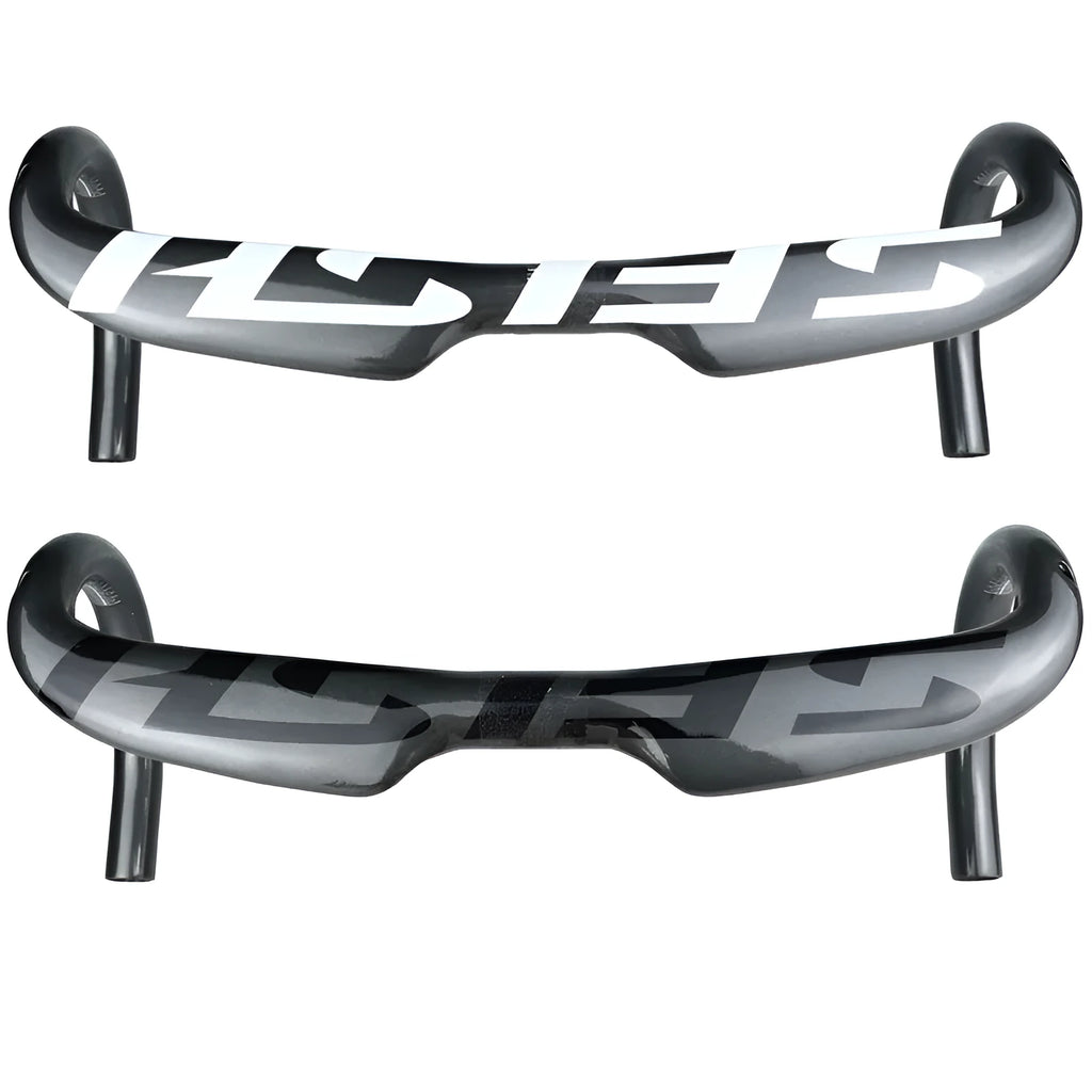 Carbon fibre road bicycle drop handlebar with internal cable routing in black, white, or matte white finish.
