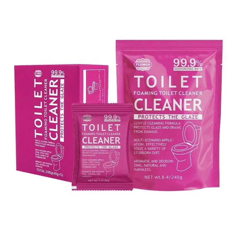 Box and bag options of blue and pink fragranced toilet bubble powder cleaning tablets.
