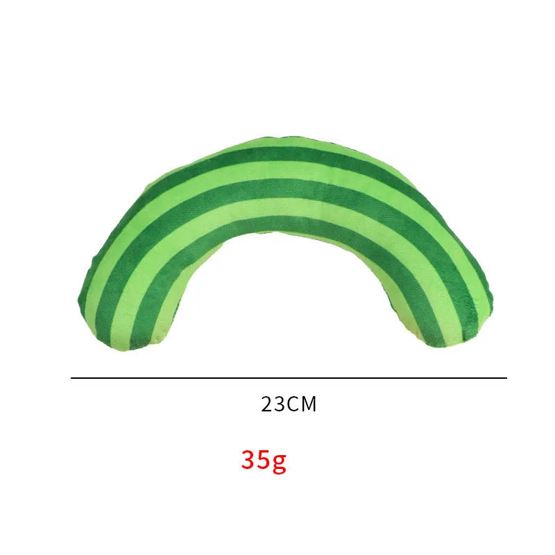 Cat toy set with striped pillow and noise toy measuring 23x20cm in green, rainbow, or yellow colours