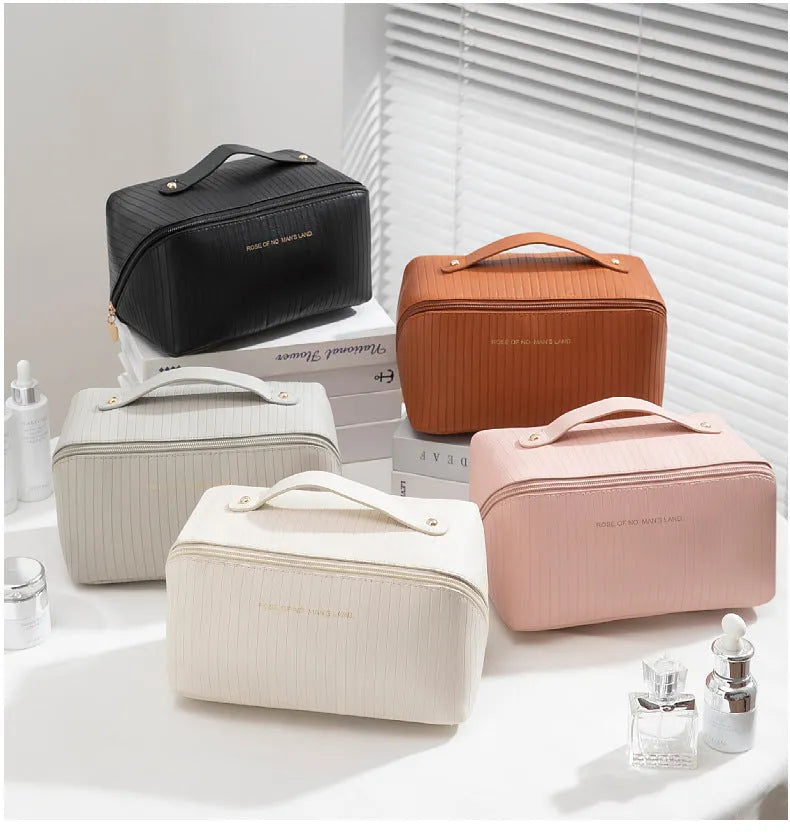 Vertical pattern pillow makeup bag in PU material with cubic 22.5cm shape