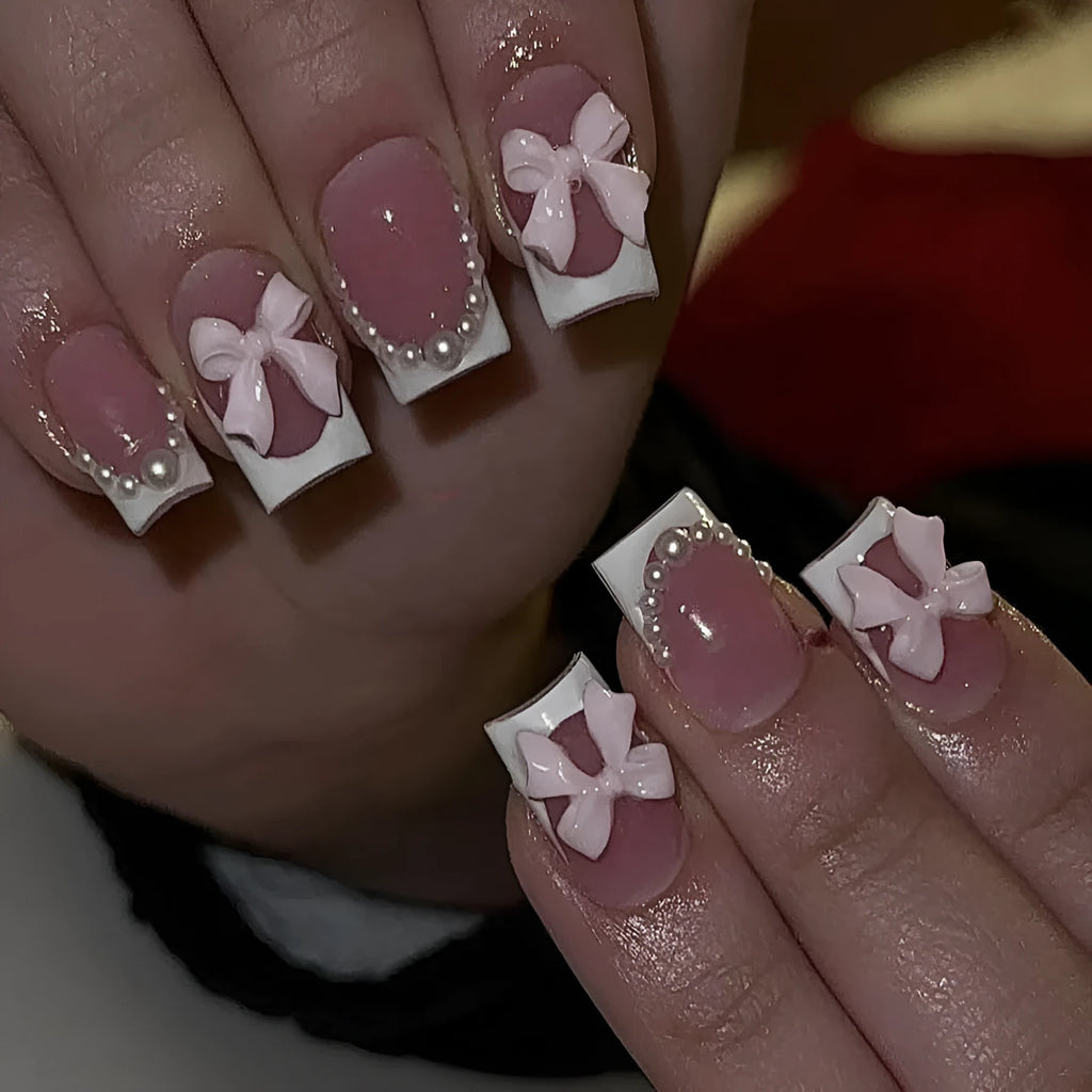 Nail art set with S274 glue showing French designs, bows, and leopard patterns for short square nails