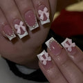 Nail art set with S274 glue showing French designs, bows, and leopard patterns for short square nails