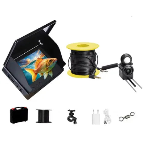 Underwater fish finder camera with 4.3-inch screen showing HD view of fish and temperature reading
