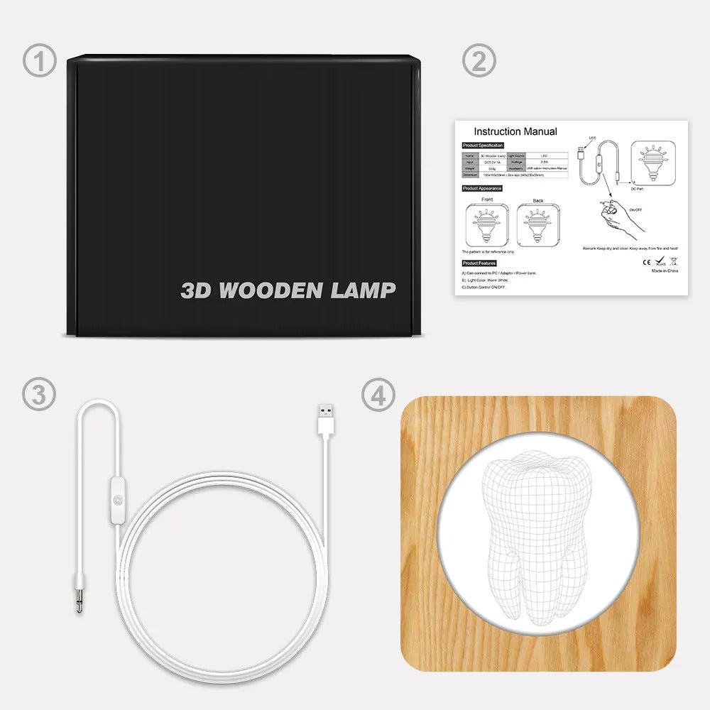 Wood-colour tooth-shaped acrylic USB night lamp on a surface