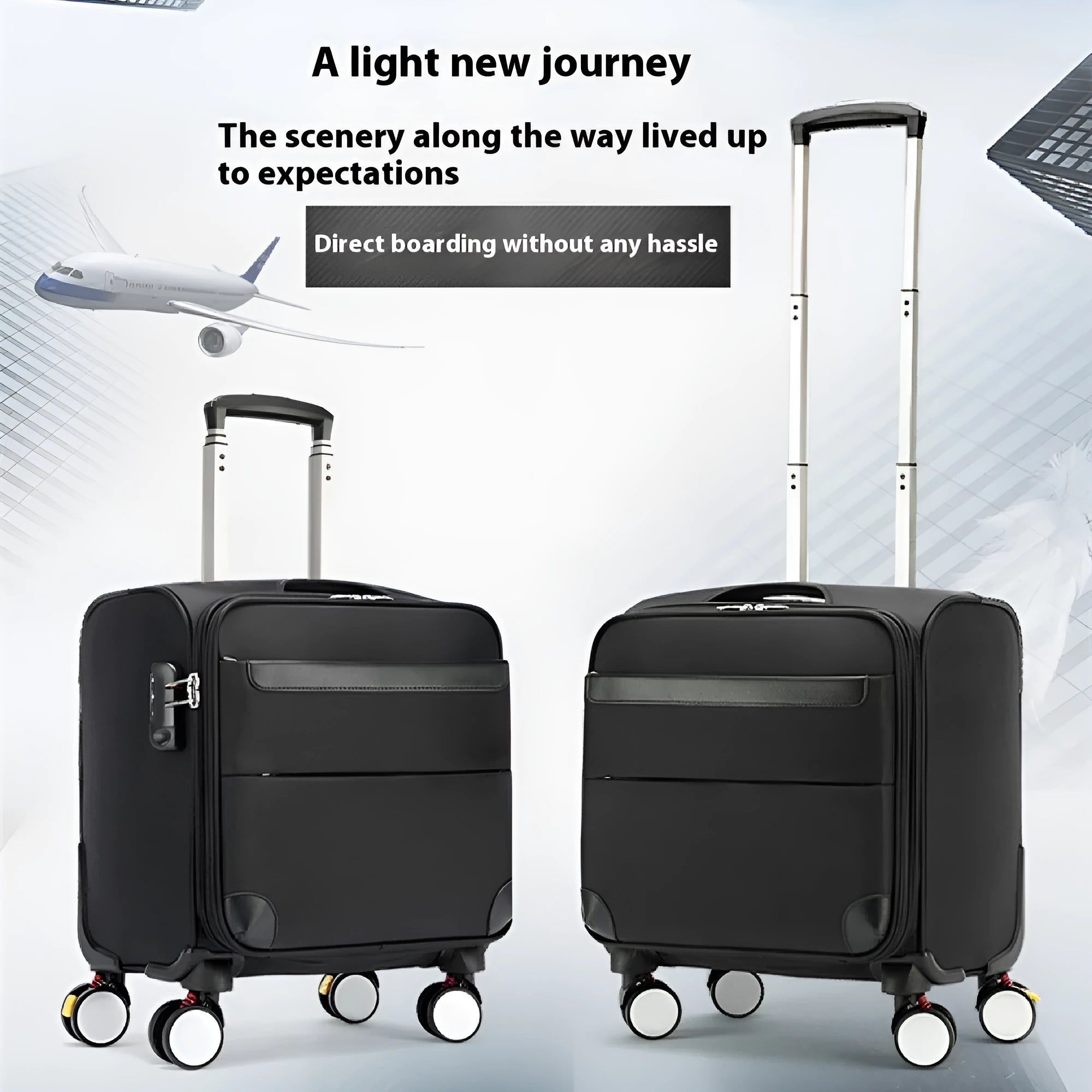 Black waterproof Oxford cloth business travel suitcase with universal wheels, 18-inch carry-on size