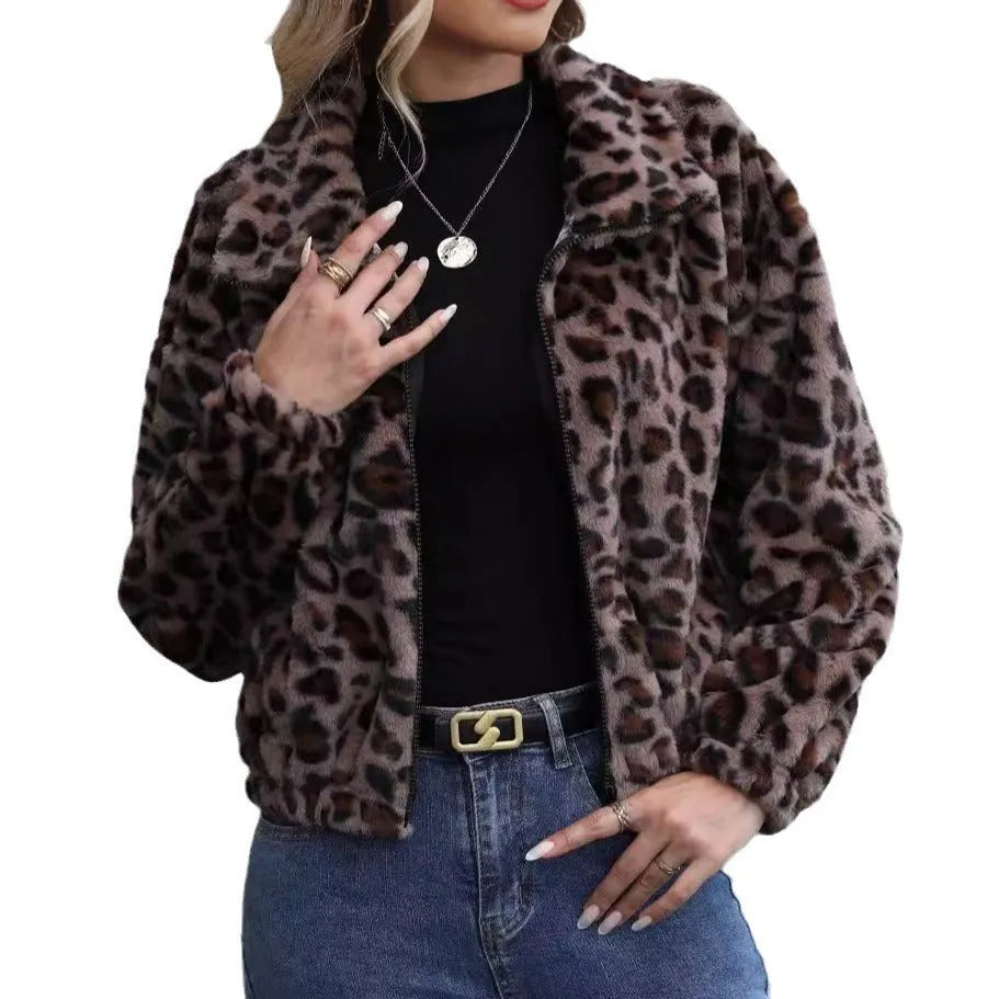Women's loose leopard print plush coat with front zipper closure and raglan sleeves for autumn winter wear