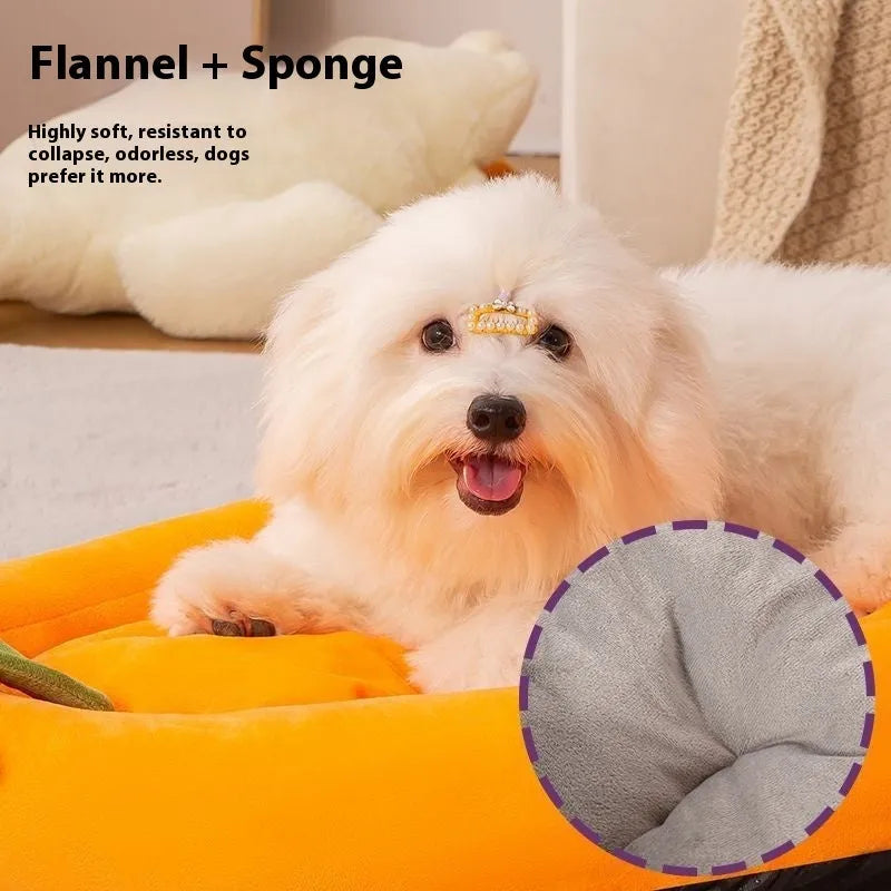 Universal pet bed with removable cloth cover showing five size options for dogs and cats