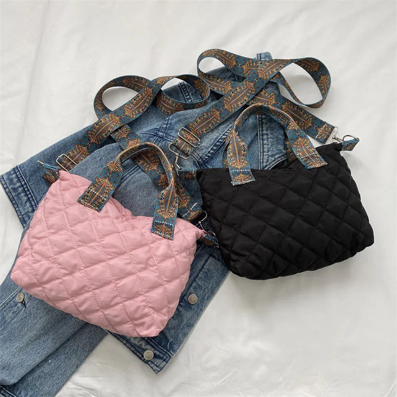 Soft Oxford cloth shoulder messenger bag in horizontal square design with single strap and sandwich pocket