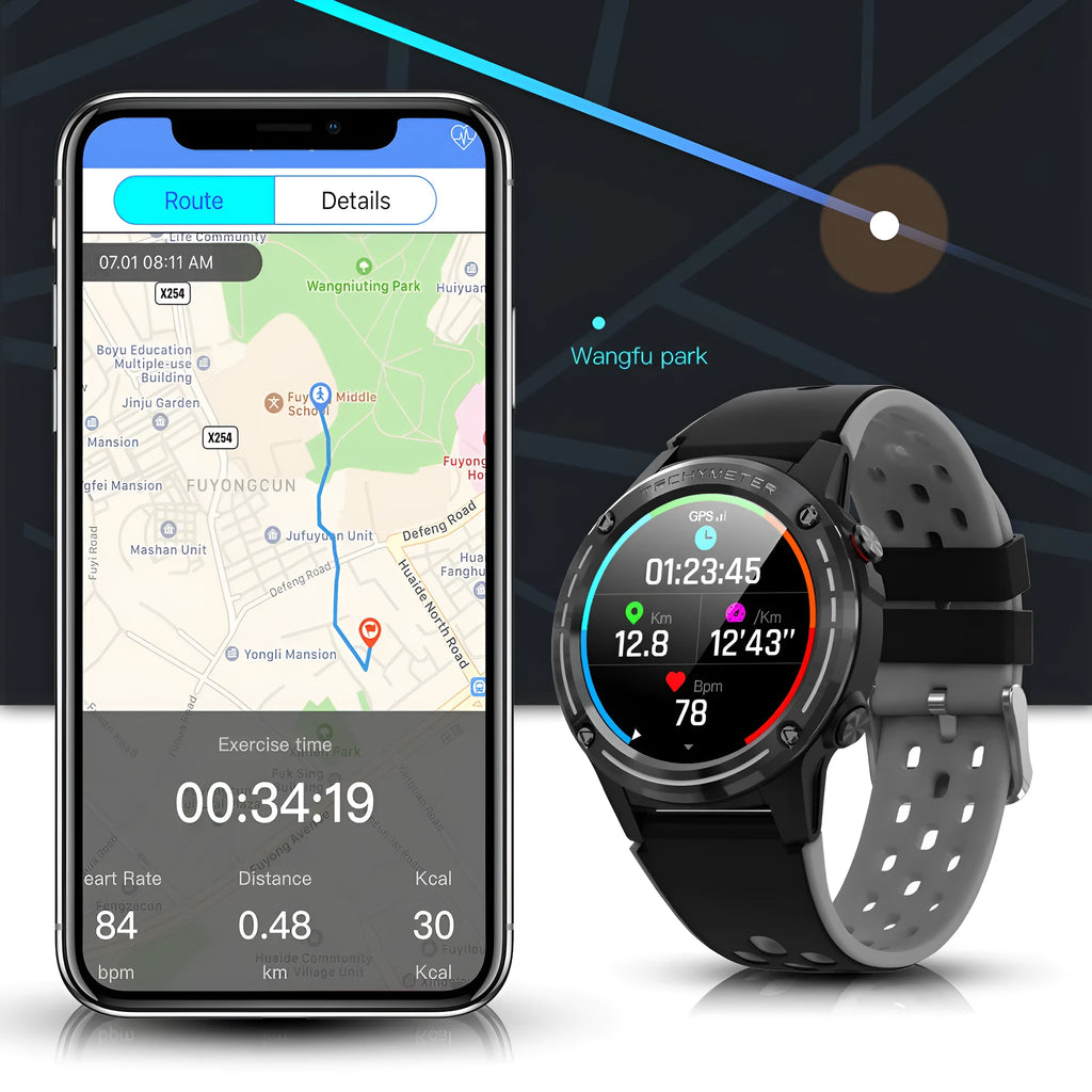 GPS smart watch with silicone strap on wrist, showing glass face and available colour options.