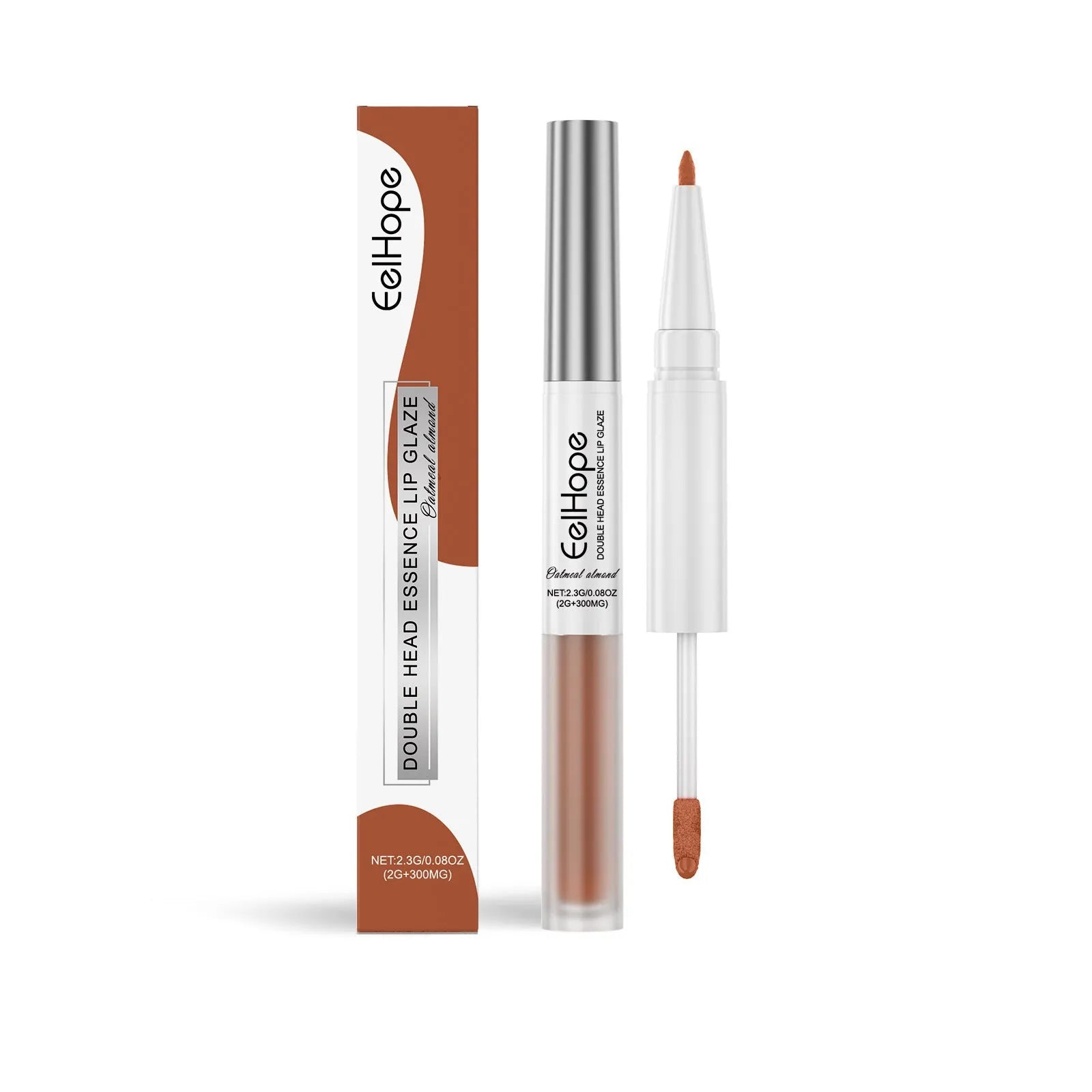Double-headed lip makeup pen with lip liner pencil on one end and liquid lip lacquer pen on the other.