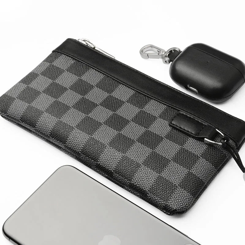 Men's black plaid genuine cowhide leather wallet measuring 20cm by 10cm