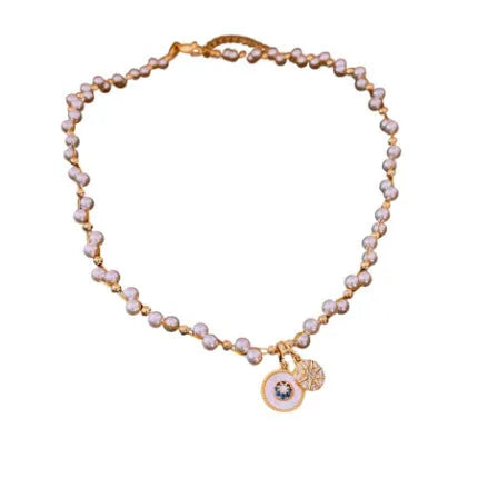 Gold electroplated zircon pearl pendant necklace on clavicle chain with adjustable 41-50cm length