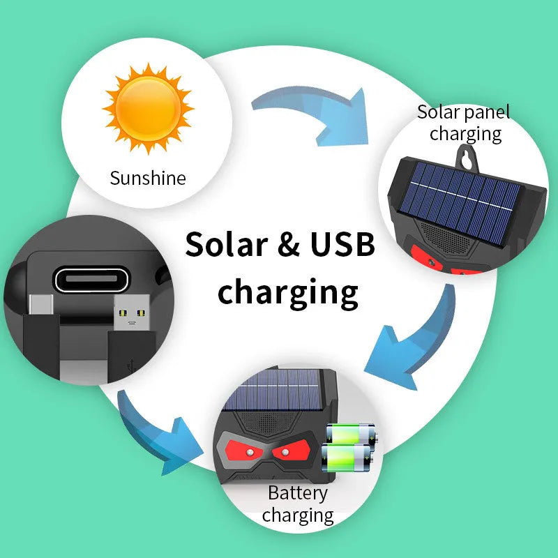 Black outdoor solar ultrasonic animal repeller with animal-themed design
