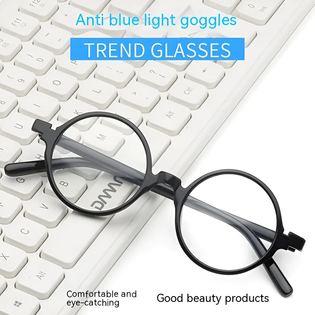 Retro round flat lens glasses in bright black, sand black, tofu pudding and transparent grey PC frames.