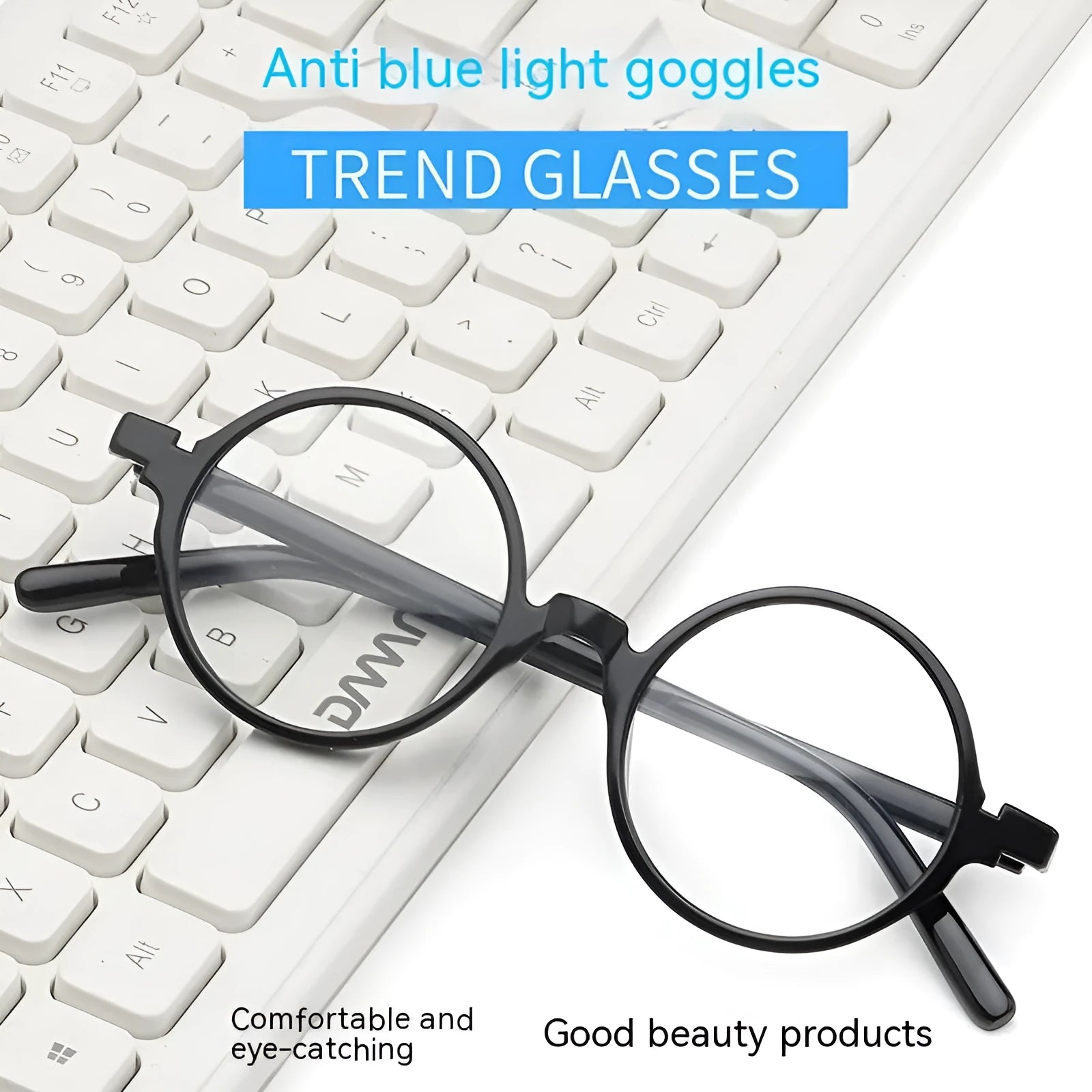 Retro round flat lens glasses in bright black, sand black, tofu pudding and transparent grey PC frames.