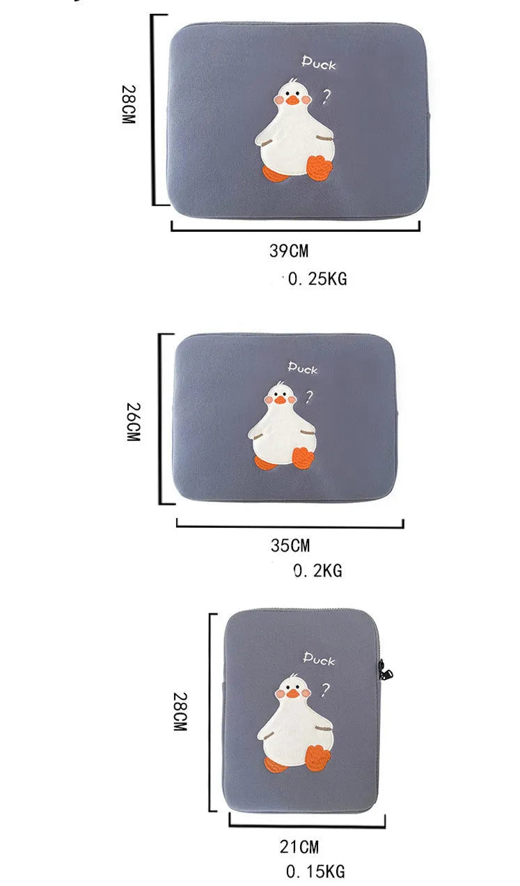 Cotton tablet case with cartoon duck embroidery design in blue or green colours with zipper closure