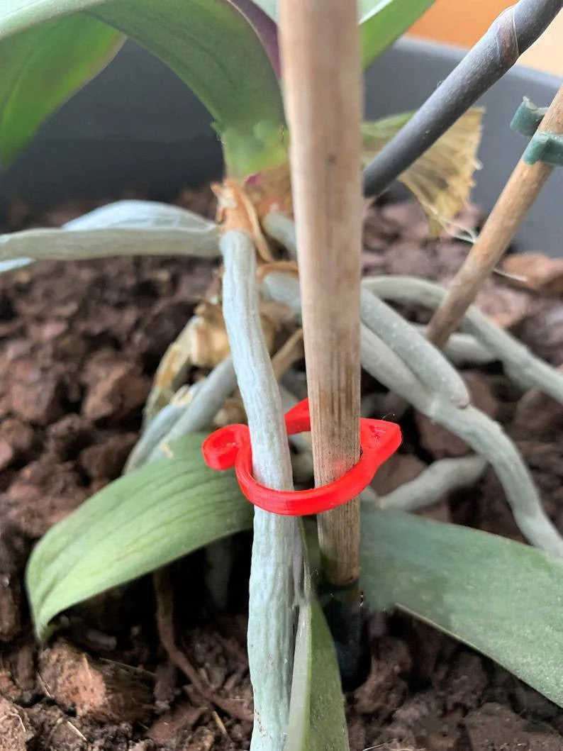 Cat-shaped plastic plant clip in red, yellow, green, and white colours for garden pot marking