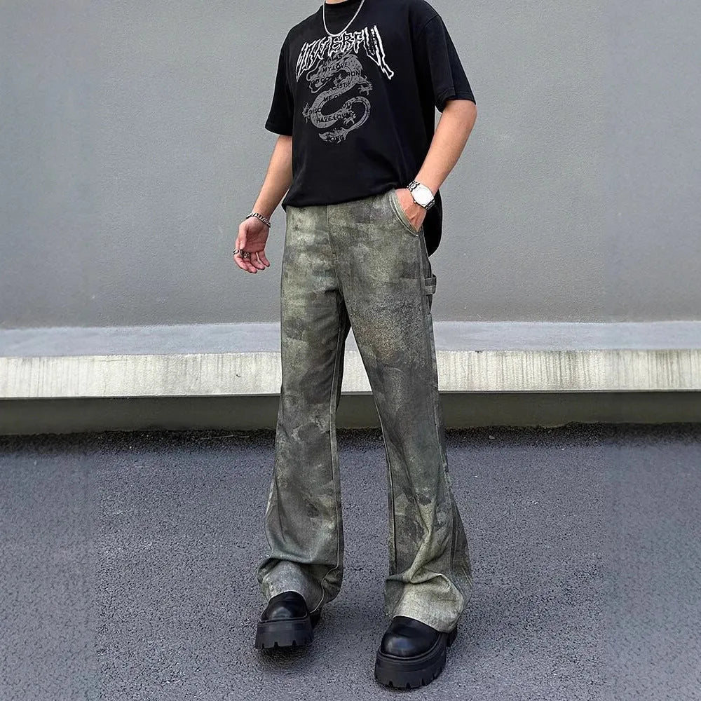 Men's straight leg jeans in a retro digital camouflage pattern on blue denim