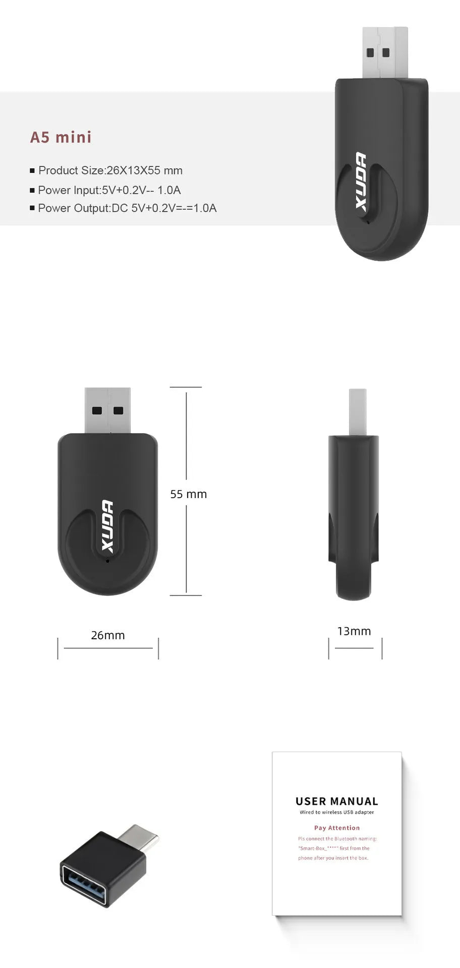 Black wireless Apple CarPlay USB adapter measuring 26x55mm for car smartphone connectivity