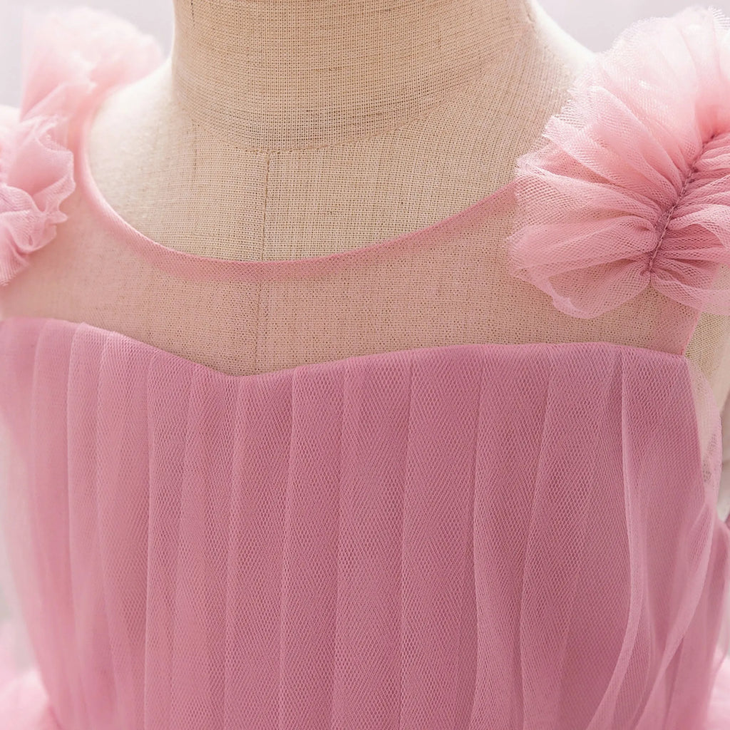New children's sleeveless mesh long dress in bean pink colour trueran fabric