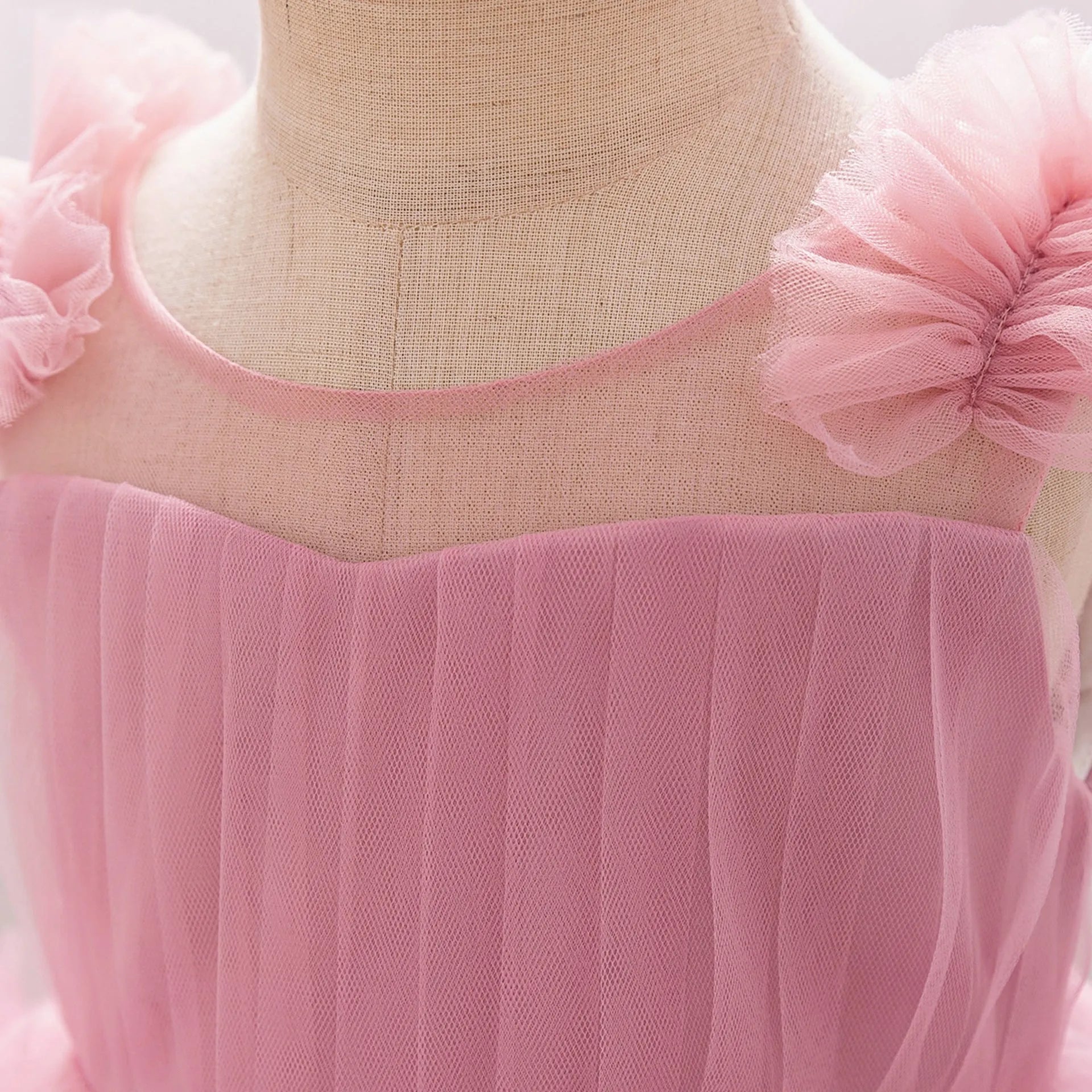 New children's sleeveless mesh long dress in bean pink colour trueran fabric
