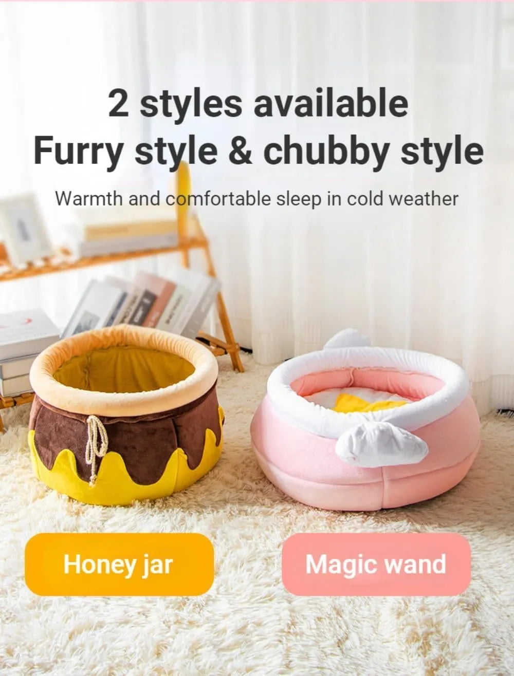 Honey pot shaped cat sofa bed with magic wand design in pink colour for small pets