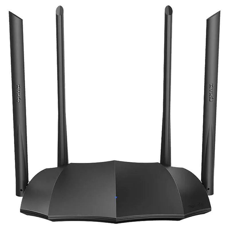 Dual-band wireless router with multiple antennas and Gigabit Ethernet ports on rear panel