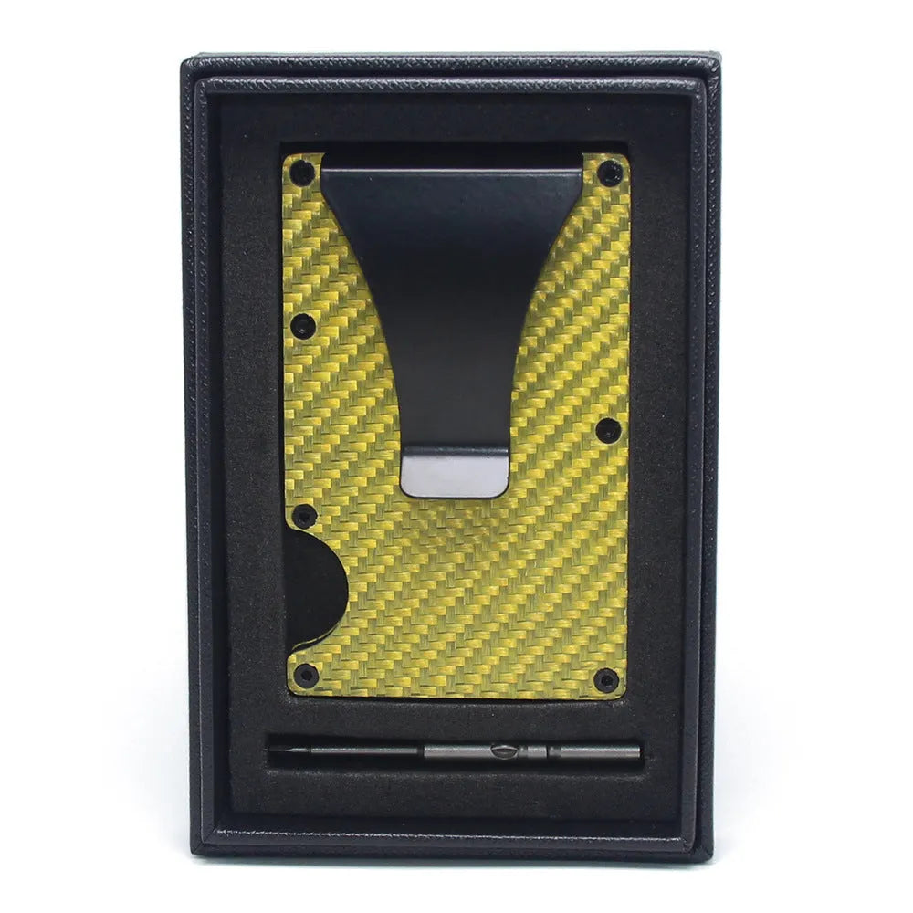 Black geometry-style slim card holder for bank cards and notes on a table