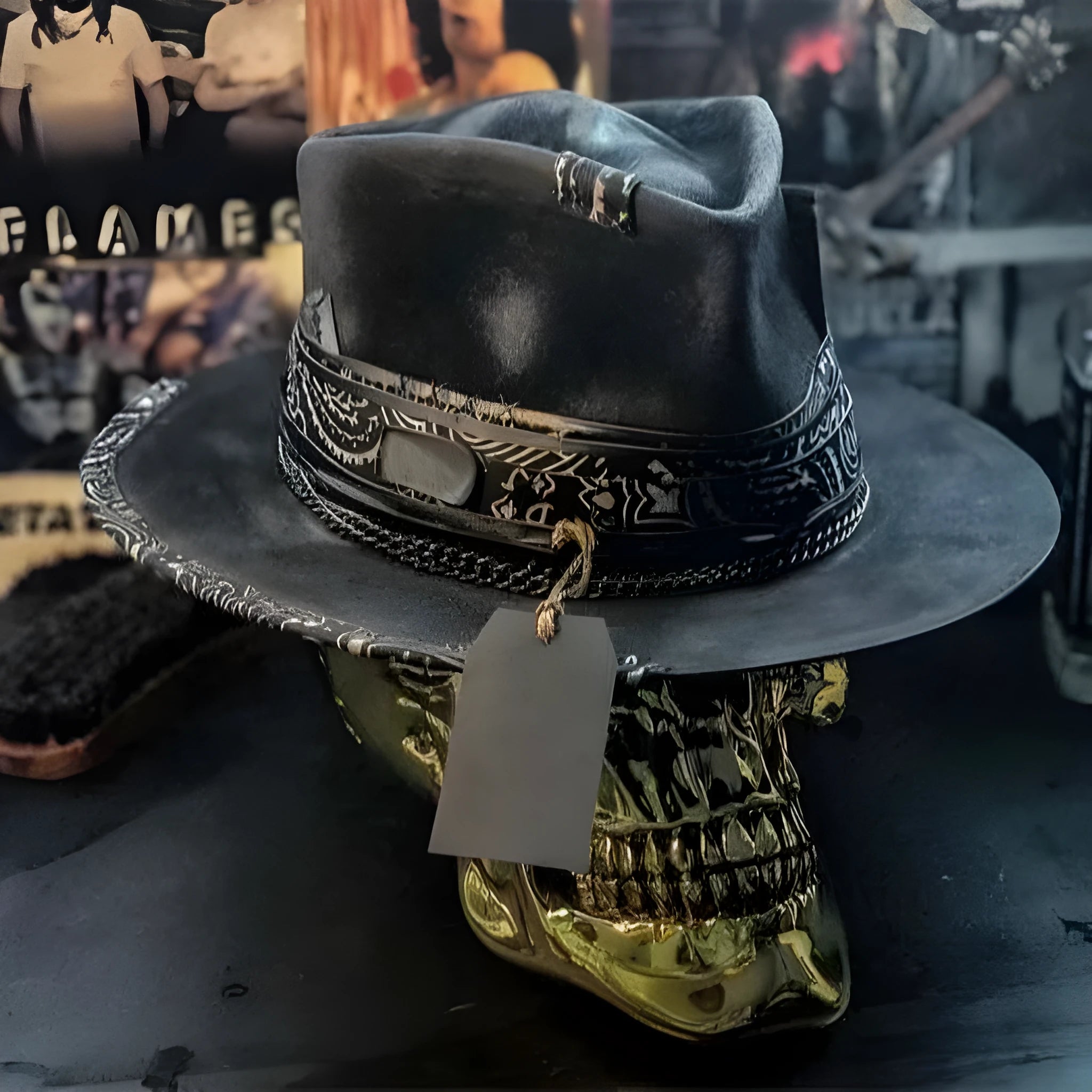 Handmade wool Halloween skull hat with a conical crown on a denim hat base.