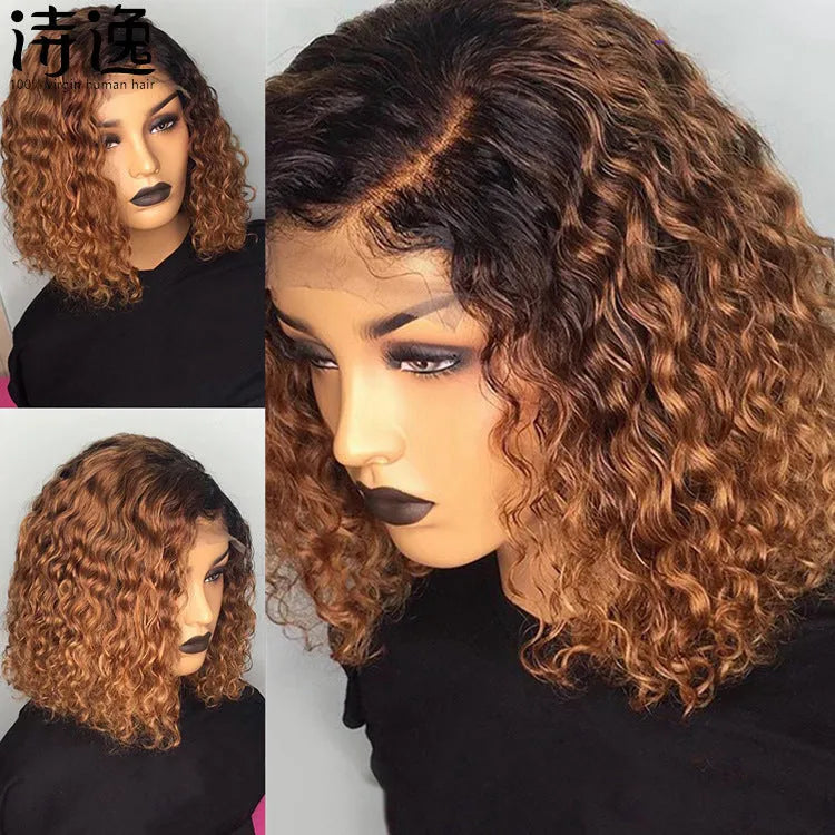 Burgundy gradient real human hair lace front short bob wig with slanted bangs