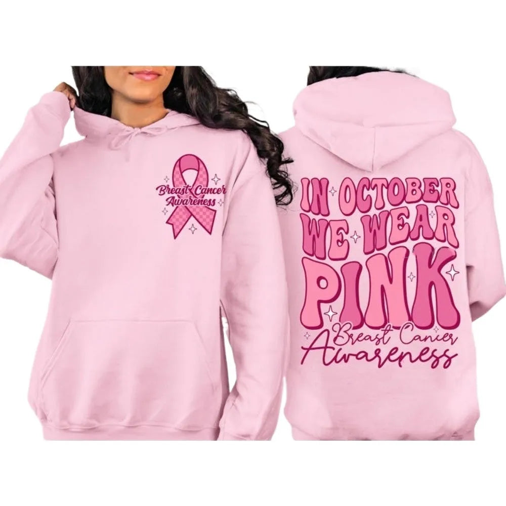 Breast Cancer awareness pullover hoodie with retro pattern and side seam pockets in a chosen colour