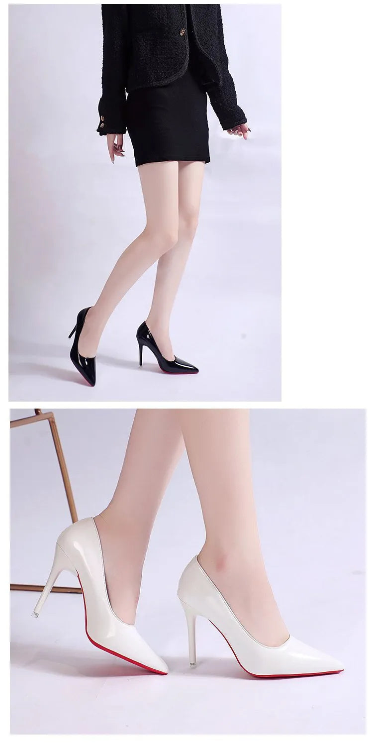 Women's solid colour pointed toe stiletto pump in black with a shallow mouth design