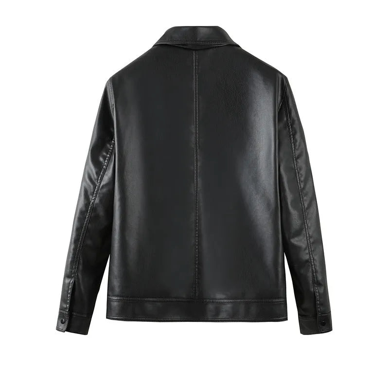 Men's black PU leather casual jacket with zip and patch pockets on a model.