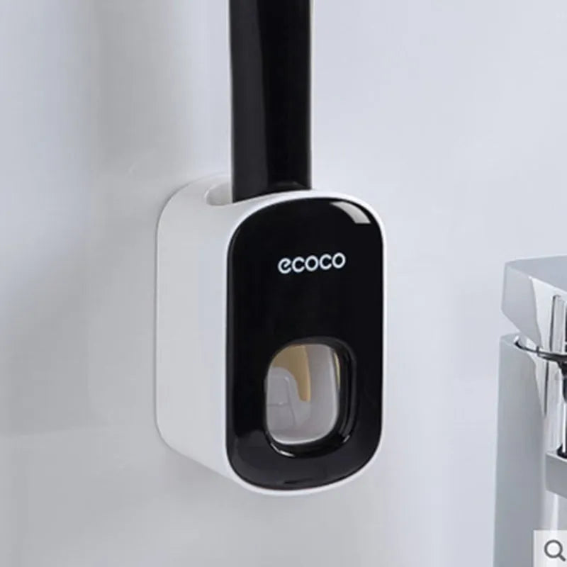 Wall mounted automatic toothpaste holder dispenser set with toothbrush slots and upside-down mouthwash cup in black plastic