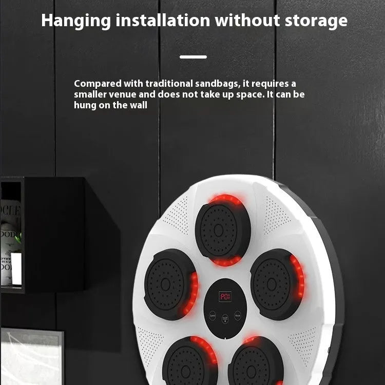 Wall-mounted smart boxing trainer fight sandbag in black colour with blue LED light option, mounted on a wall for martial arts training.