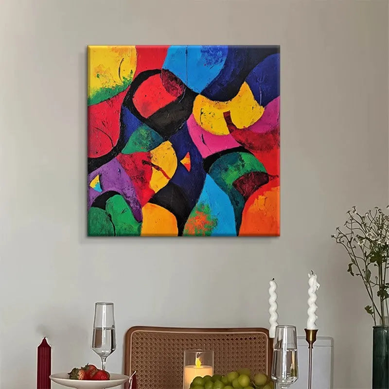 Hand-painted abstract oil painting on canvas, square unframed size 80x80cm, colourful design on white background.