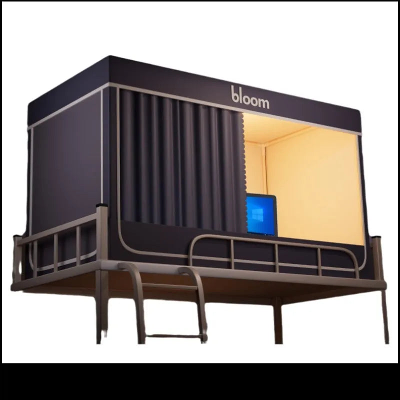 Grey polyester bed curtains with attached mosquito net for a 0.9m wide bunk bed on a three-door bracket.