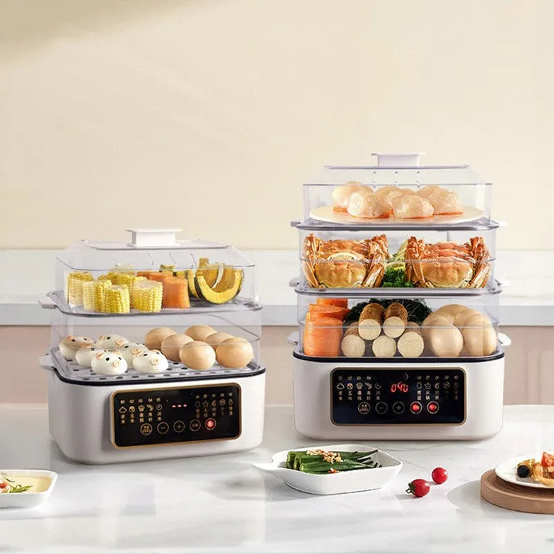28-litre capacity electric steamer with stainless steel rack and automatic measuring function