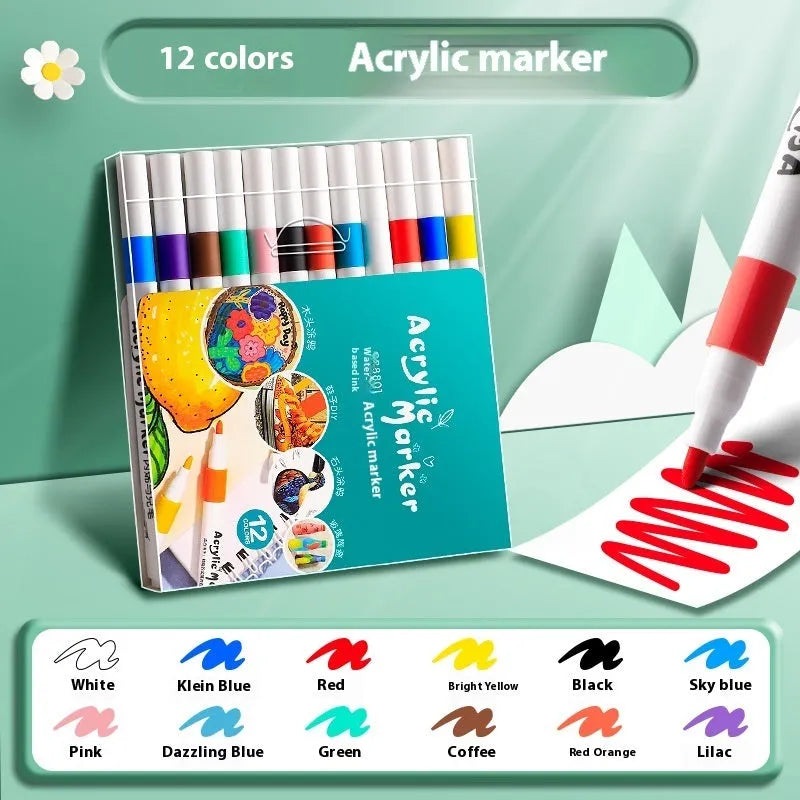 Boxed set of multicolour acrylic marker pens for art and student painting projects.