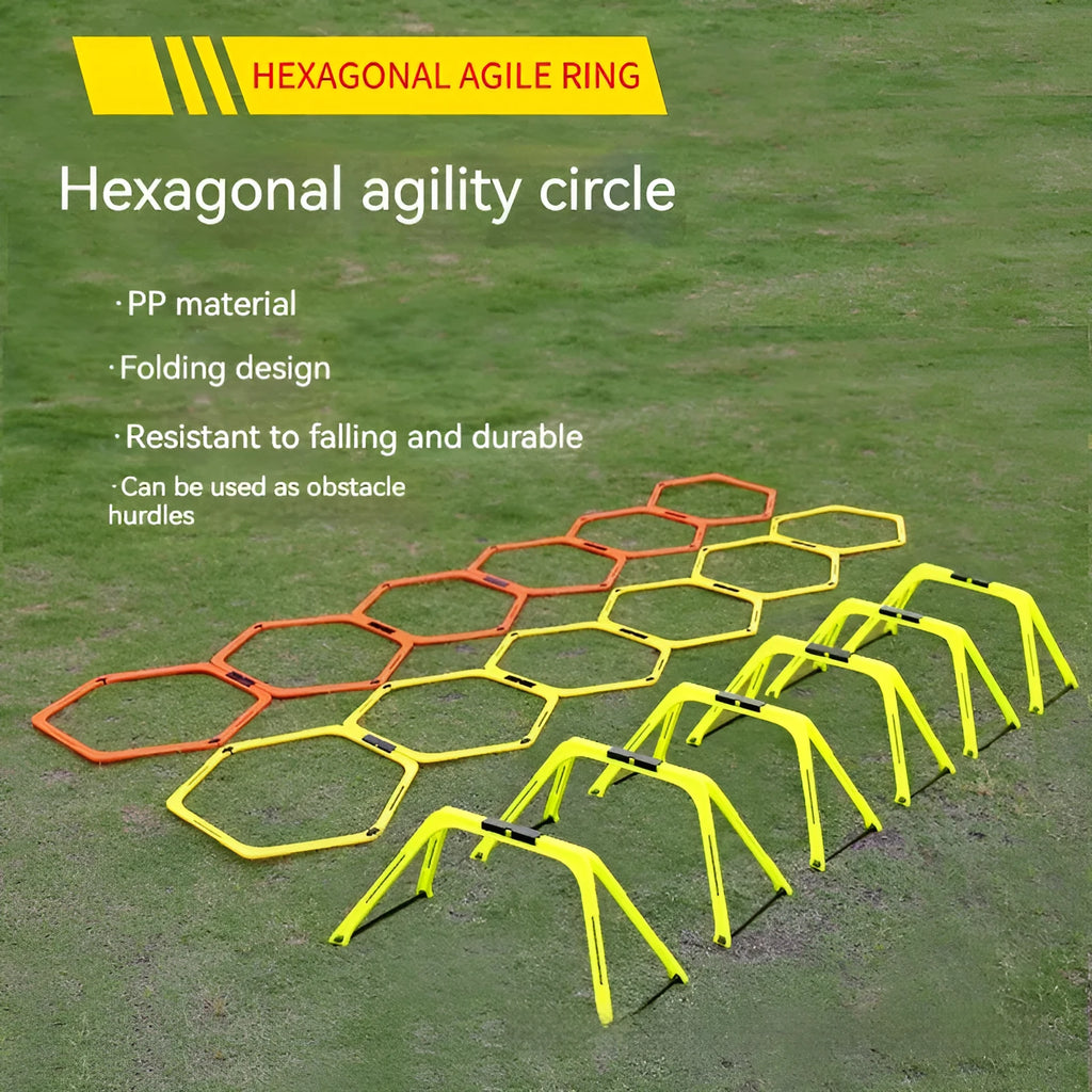 Six foldable hexagon football agility training rings in yellow, green, and orange colours