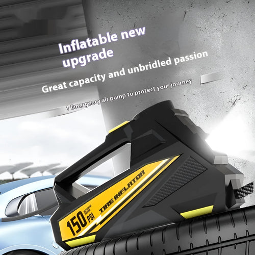 Black vehicle tyre inflator with digital display and 12V power cable