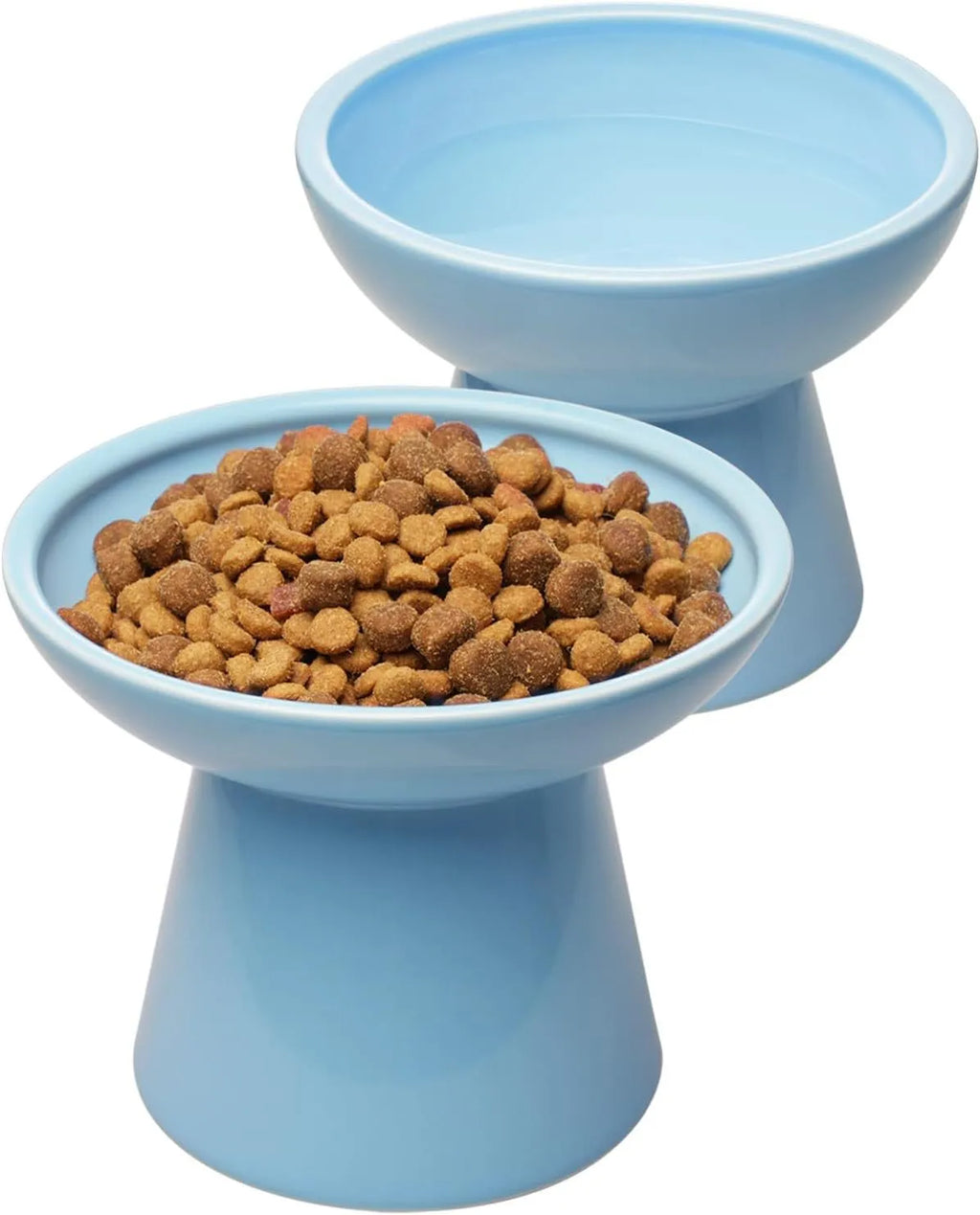White ceramic elevated cat bowl with wide shallow dish on wooden floor
