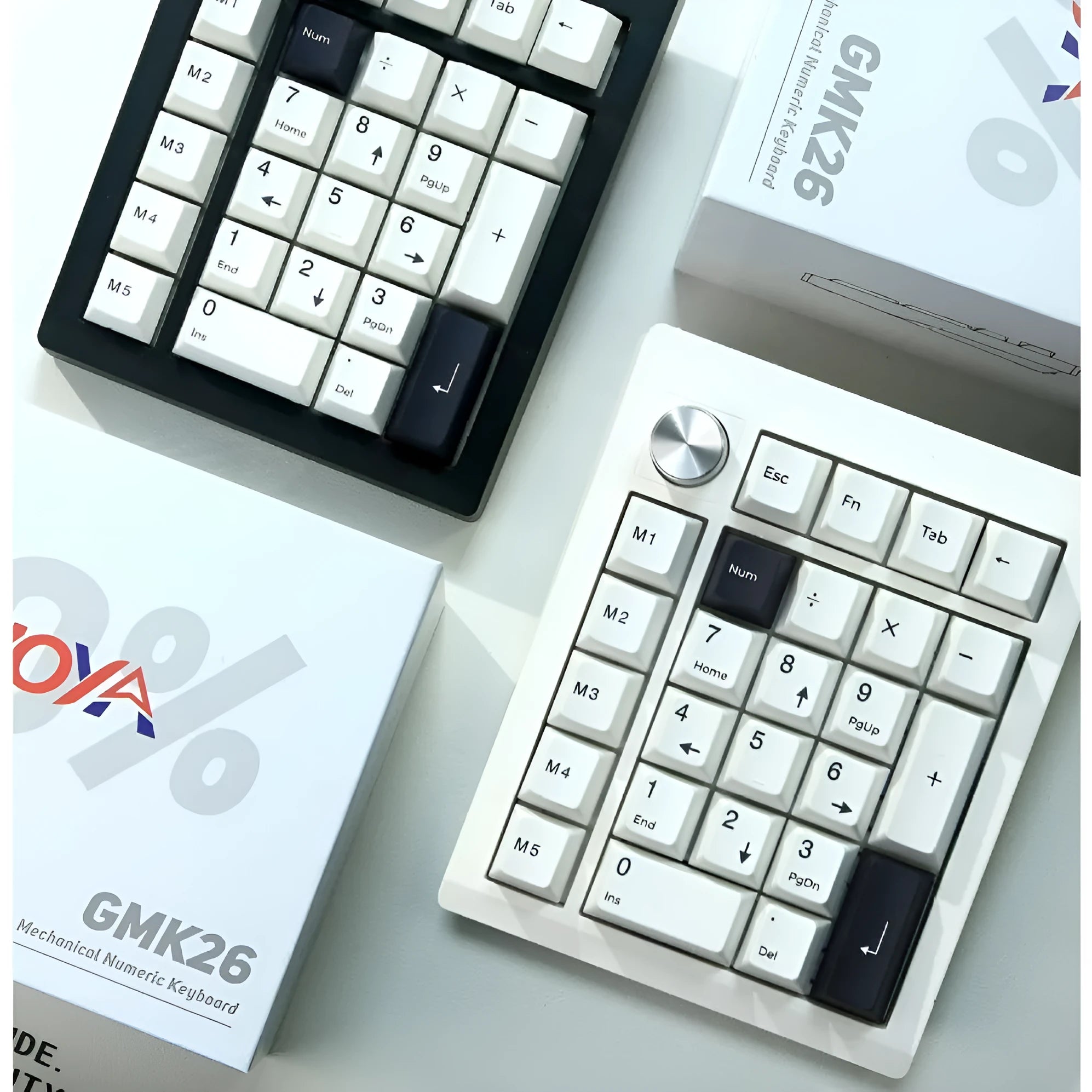 Wireless mechanical numeric keyboard in black and white colour options showing Bluetooth connectivity