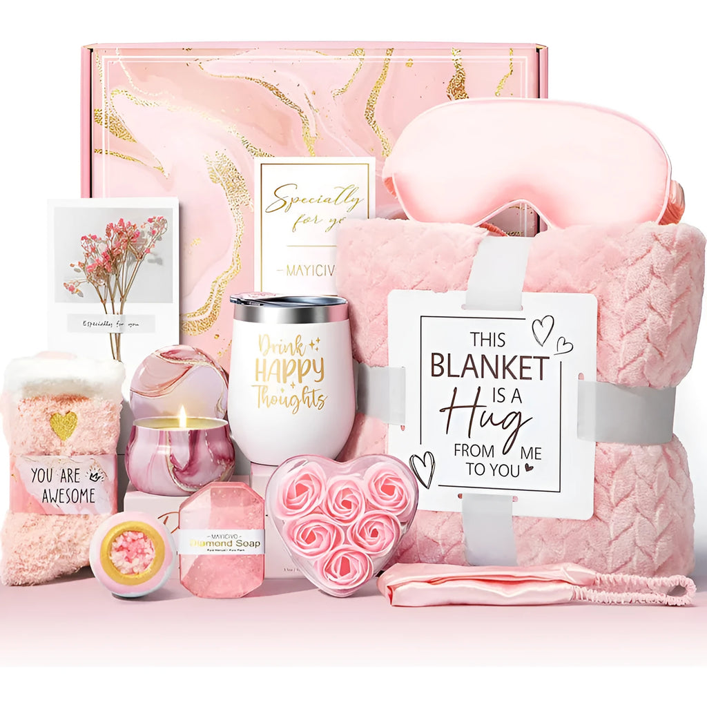 Aromatherapy gift set box containing scented candles, soaps, and bath accessories.