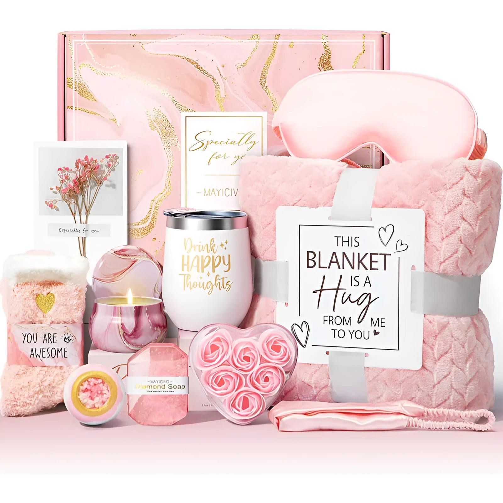 Aromatherapy gift set box containing scented candles, soaps, and bath accessories.