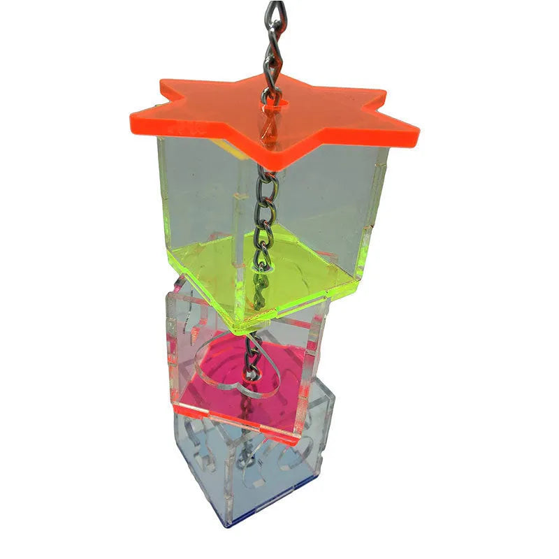 Clear acrylic bird foraging toy measuring 5cm by 5cm by 32cm for parrot education and food containment