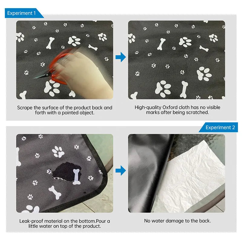 Car pet mat covering rear seat with water resistant cloth material in choice of colours and paw print designs