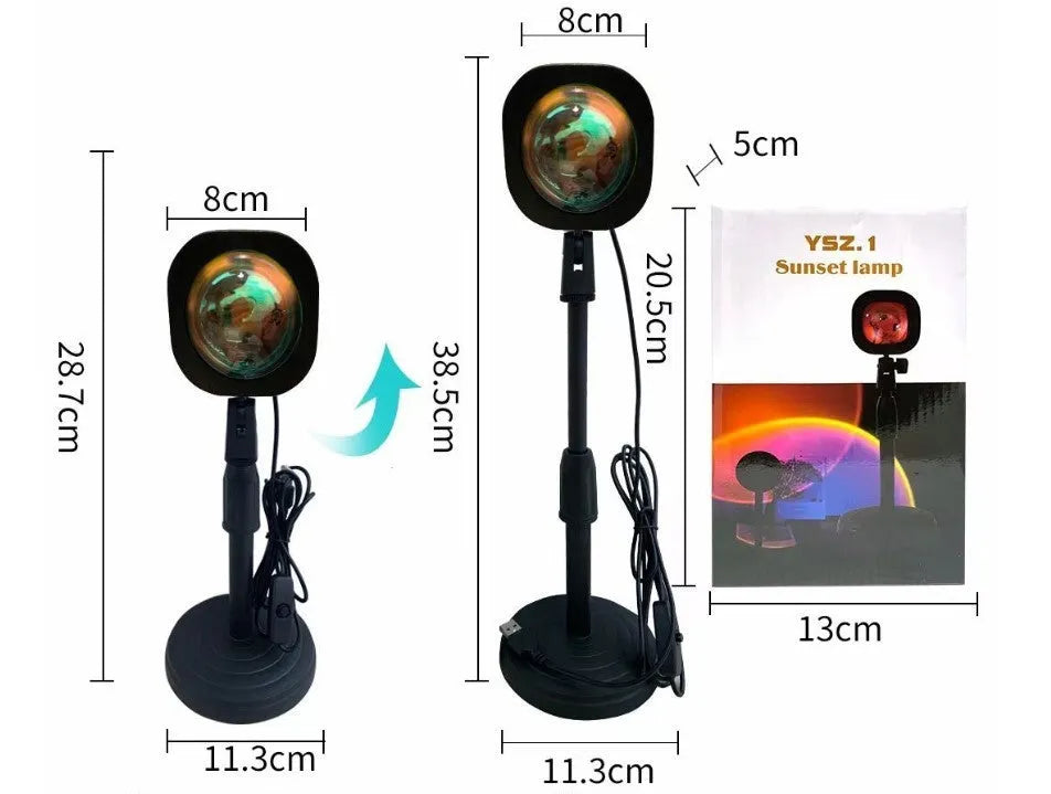 Sunset red rechargeable rainbow projection lamp with USB power connection and push-button control