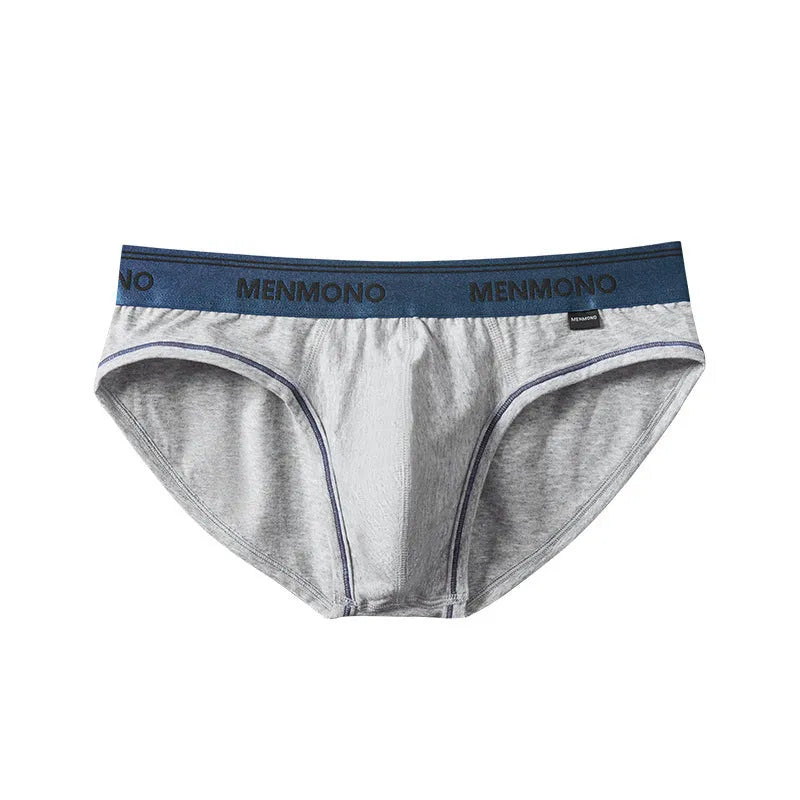 Men's low waist cotton briefs in a grey and red colour combination on a white background.