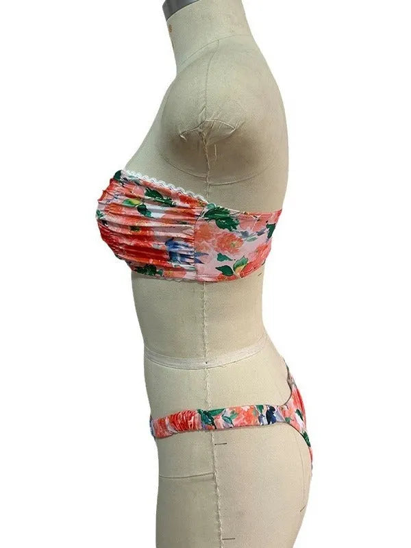 Floral printed tube top bikini with lace trim in European American style swimwear